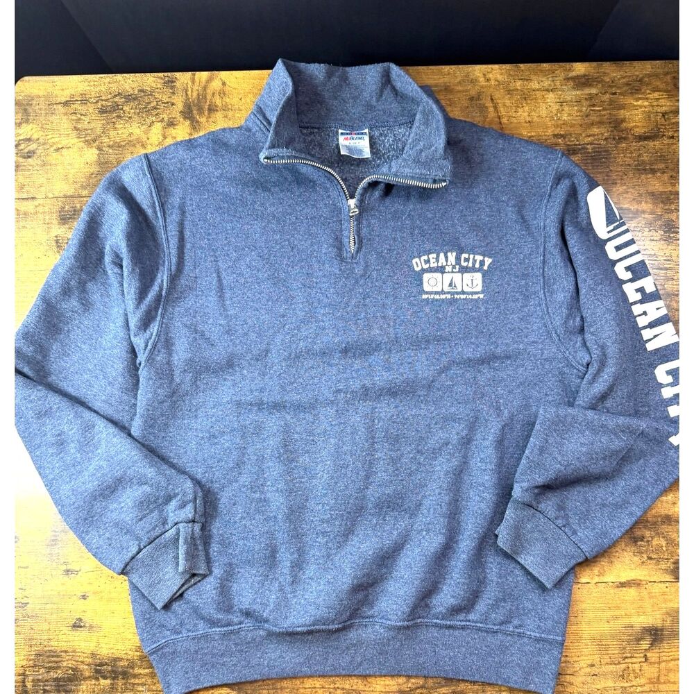 Jerzees Ocean City NJ Quater Zip Sweatshirt Unisex S Blue Nautical Back Graphic